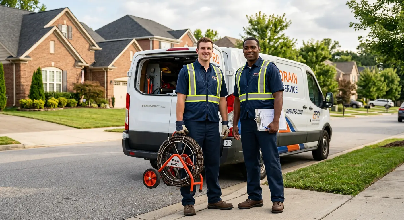 Sewer and drain service team with equipment ready for work in Luling
