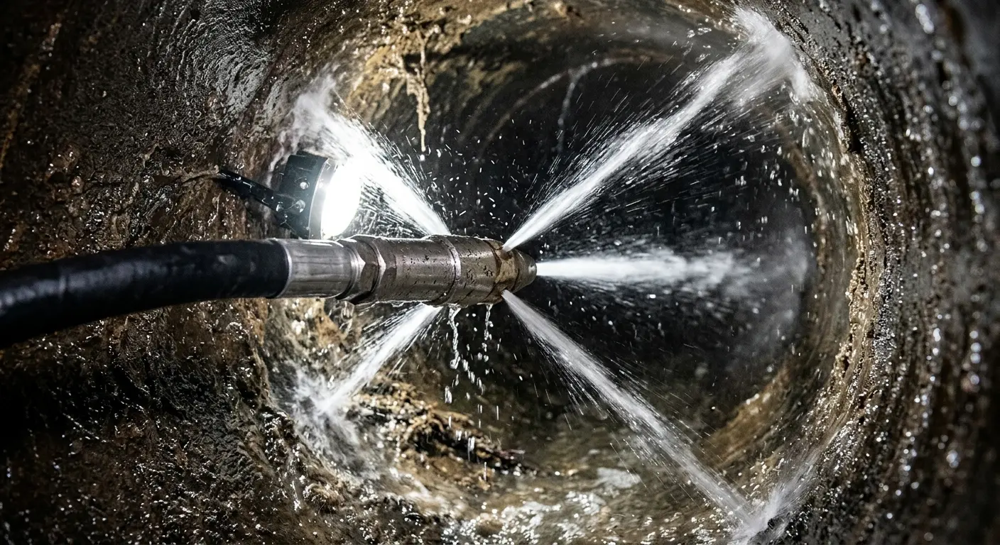 High-pressure hydro jetting nozzle cleaning sewer pipe for Sewer Cleanout in Luling