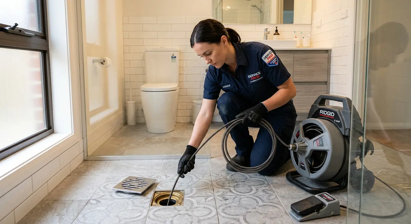 Technician clearing a bathroom floor drain for Hydro Jetting in Luling